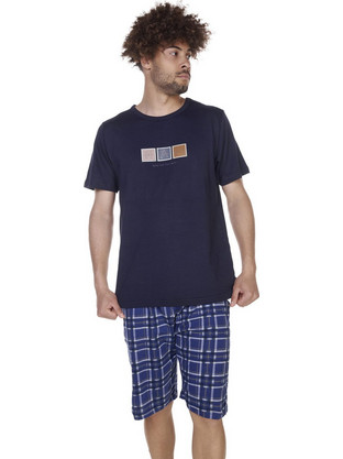 Comfort Καλοκαιρινές Ανδρικές Πιτζάμες Βαμβακερές Καρό με Κουμπιά Navy Μπλε 2626F8201