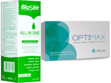 Optimax Silicone Μηνιαίοι Φακοί Επαφής Σιλικόνης Υδρογέλης 3τμχ + 1 Υγρό Biosee 380ml
