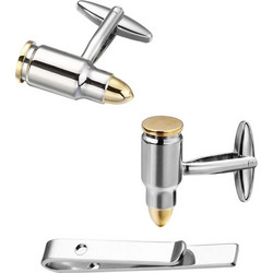Set Plain Ανδρικά Μανικετόκουμπα Original Men's Fashion και Clip Γραβάτας Από Ατσάλι Σε Ασημί Golden Bullets&AK-47