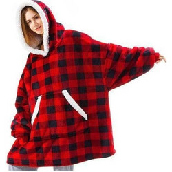 Cuddlez XMAS Edition Φλις Κουβέρτα με Μανίκια, Κουκούλα & Ζεστό Γουνάκι - Oversized Φούτερ για το σπίτι Κόκκινο Καρό 70x90cm