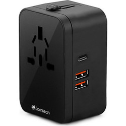 LAMTECH UNIVERSAL POWER TRAVEL ADAPTER 2XUSB 1XTYPE-C GaN 20W BLACK