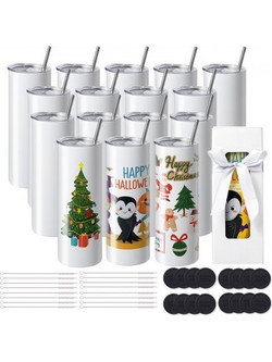 VEVOR 16 Pack Straight Sublimation Tumblers, 20 oz/567 g Blank Tumbler Bulk, από ανοξείδωτο χάλυβα διπλού τοιχώματος ποτηράκια με άχυρο, καπάκι, βούρτσα, βάση, συρρικνωμένο περιτύλιγμα, κουτί δώρου, γ