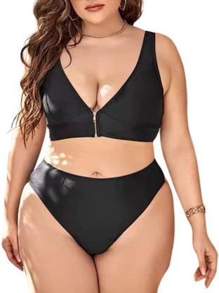 KALLISTI Plus Size Μπικίνι για πλούσιες καμπύλες με φερμουάρ μπροστά και ενισχυμένη στήριξη ΜΑΥΡΟ