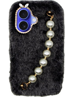 Vivid Fluffy Plush Case with Pearl Chain Apple iPhone 16 Grey/Black