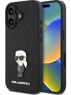 Karl Lagerfeld Ikonik Fixed Glitter Hard Case with Ikonik Metal Logo Θήκη προστασίας από σιλικόνη - iPhone 16 Glitter Black - KL