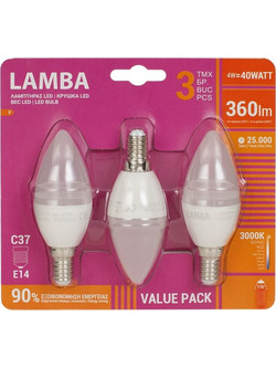 Λαμπτήρες LED E14 4W (C37) Θερμό Φως - 3 τμχ