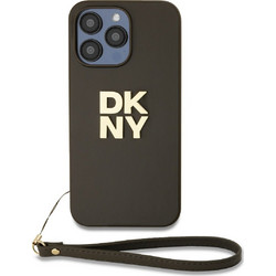 DKNY PU Leather Stack Logo Wrist Strap Case for iPhone 15 Pro Brown - (DKHCP15LPBSWSA)