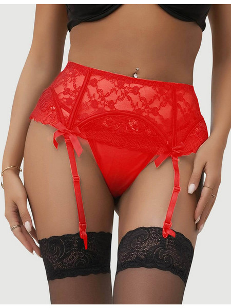 Plus Size Ζώνη Ζαρτιέρας Με Εσώρουχο Red Sexy Lace Garter Panty - Κόκκινο