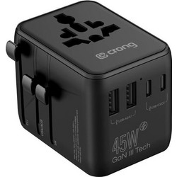 Crong One World Travel Adapter - Universal Gan Travel Adapter 45W UK/EU/US/Au (Black) - (CRGTAGN45BLK)