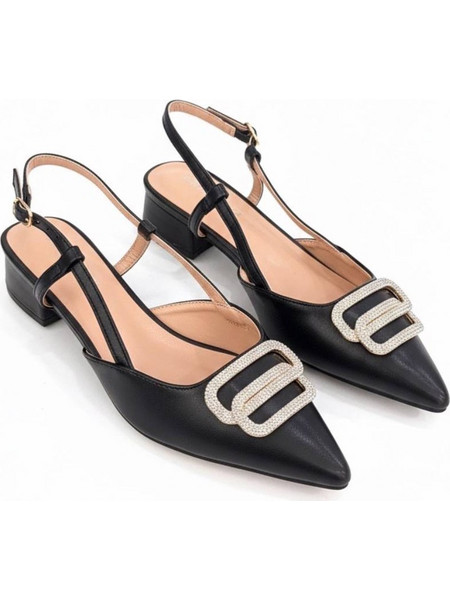 Γόβες slingback δερματίνη μαύρες με αγκράφα από στρας