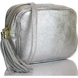 Passaggio Leather Γυναικείο Τσαντάκι Χιαστί Δερμάτινο Ασημί με Στενό Λουρί 6037-KR-18