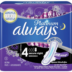 Always Platinum Secure Night Μέγεθος 4 Σερβιέτες με Φτερά για Αυξημένη Ροή 7 Σταγόνες 5τμχ