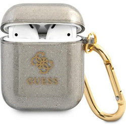 Guess Glitter Collection Θήκη Σιλικόνης με Γάντζο για Apple AirPods 1 / 2 Μαύρη
