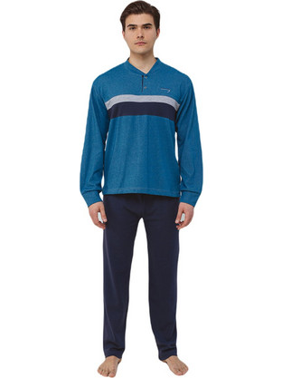 Odyssey Χειμωνιάτικες Ανδρικές Πιτζάμες Fleece με Κουμπιά Μπλε 2856