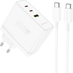 Borofone BN11 Φορτιστής με Καλώδιο USB-C με Θύρα USB-A & 2 Θύρες USB-C 100W Power Delivery
