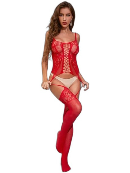 Kinksters Ολόσωμο Καλσόν Διχτυωτό με Δαντέλα & Ανοιχτό Καβάλο Κόκκινο 692804813087