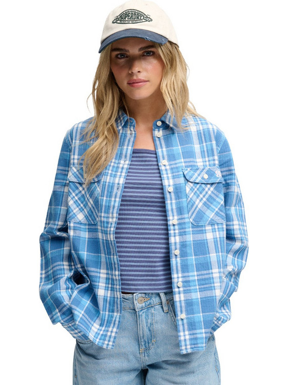 Superdry Μακρυμάνικο Γυναικείο Πουκάμισο Βαμβακερό Καρό Γαλάζιο W4010596A-L9W