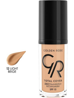 Golden Rose Total Cover 2 In 1 & Concealer 12 Light Beige Liquid Foundation SPF15 30ml