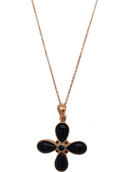 Κολιέ Anastasios Creations ροζ χρυσό ασήμι 925 σταυρός με swarovski jet ST20-1