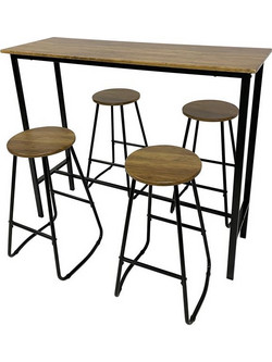 Pub σετ μπαρ με τραπέζι και τέσσερα σκαμπό από ανθρακί μέταλλο και ξύλο σε καφέ αντικέ χρώμα