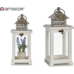 GiftDecor Ξύλινο τετράγωνο φαναράκι σε λευκό χρώμα με μικρή μεταλλική οροφή