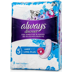 Always Discreet Long Plus Σερβιέτες με Φτερά για Αυξημένη Ροή 5 Σταγόνες 8τμχ