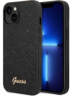 Guess Glitter Flakes Script Metal Logo Back Cover Black (iPhone 14 Plus)