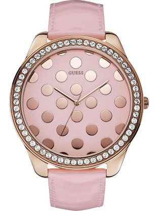 Guess Crystals Γυναικείο Ρολόι με Ροζ Δερμάτινο Λουράκι W0258L3