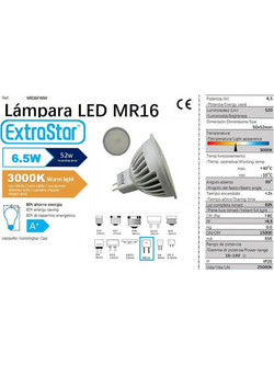 Λάμπα LED για Ντουί MR16 12V 6.5W 520LM Θερμό Λευκό 3000K ExtraStar AMR16FWW