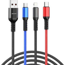 3 σε 1 Καλώδιο Δεδομένων Micro USB, Type-C, Lightning 2.4A 120cm