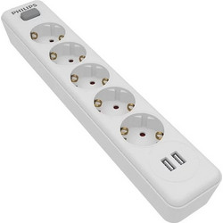 Philips Πολύπριζο 5 Θέσεων + 2 USB με διακόπτη & καλώδιο Braided 2m Λευκό (SPN3052WA)