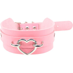 Ghetto Punk Pink Leather Silver Heart Gothic Choker Colar