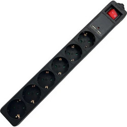 LAMTECH 6WAY SURGE PROTECTOR WITH 2xUSB 6xSCHUKO BLACK 1.5M
