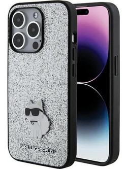 Karl Lagerfeld Fixed Glitter Choupette Logo Metal Pin Case for iPhone 15 Pro Max - Silver - (KF001788-0)