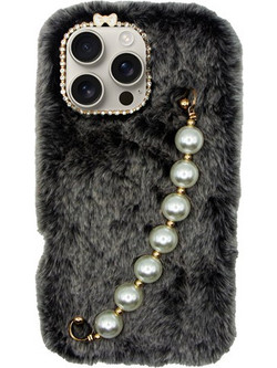 Vivid Fluffy Plush Case with Pearl Chain Apple iPhone 16 Pro Max Grey/Black