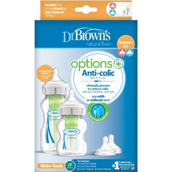 Dr. Brown's Natural Flow Options+ Wide Σετ Πλαστικά Μπιμπερό με Θηλή Σιλικόνης κατά των Κολικών 0m+ 1x270ml + 1x150ml + 2 Θηλές + Βούρτσα Καθαρισμού