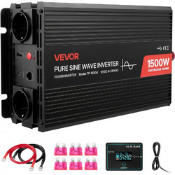 Μετατροπέας Ισχύος VEVOR 1500W, Μετατροπέας Καθαρού Ημιτόνου Κύματος 12V DC σε 230V AC, Μετατροπέας Φορτιστή Αυτοκινήτου με Τηλεχειριστήριο, Θύρες USB & Type-C, 2 Πρίζες AC, Γρήγορη φόρτιση για RV, Φο