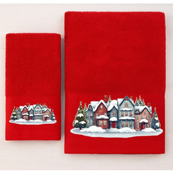 Πετσέτες Χριστουγεννιάτικες Christmas Houses (Σετ 2τμχ) Red Astron Σετ Πετσέτες 30x50cm