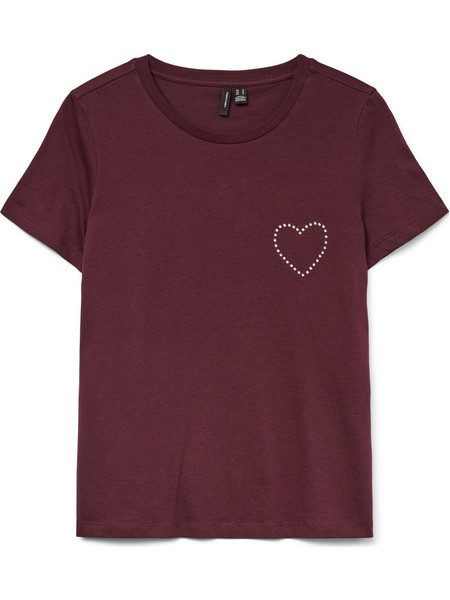 Μπλούζα Γυναικεία T-Shirt με Διακοσμητικά Στρας σε σχήμα καρδιάς Μπορντό