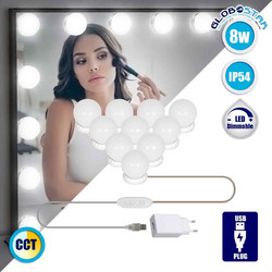 GloboStar(R) 79047 Φωτιστικό Γιρλάντα με 10 Γλομπάκια για Μακιγιάζ - Καθρέπτη LED 8W 800lm DC 5V με Καλώδιο Τροφοδοσίας USB - Ενσωματωμένο Χειριστήριο Εναλλαγής Χρωμάτων & USB Wall Adapter Αδιάβροχο I