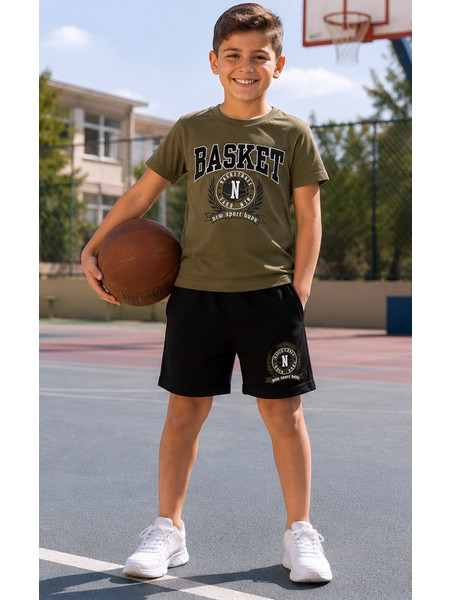 MODA JUNIOR Σετ Ρούχων Για Αγόρι με Σχέδιο Basket PR1573-1 Μαύρο - Χακί