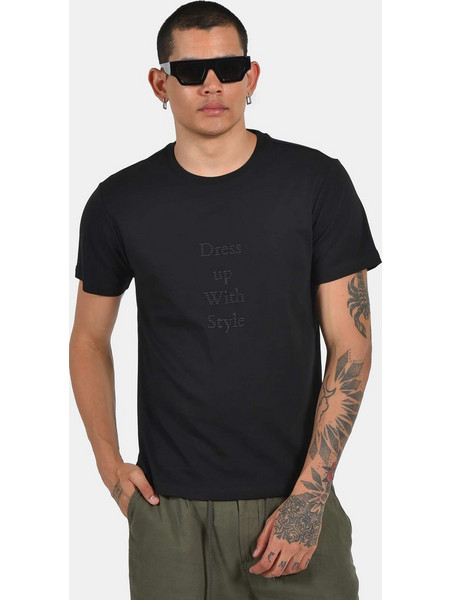 Ανδρικό T-shirt Normal Fit 100% Βαμβακερό Με Statement Print - ΜΑΥΡΟ