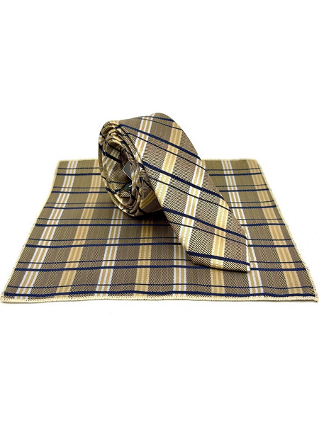 Μπεζ-Μπλε Γραβάτα Καρό Microfiber Σετ με Μαντήλι 6,5 cm