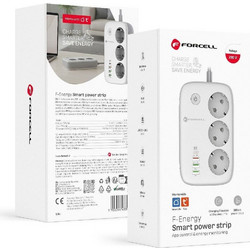 FORCELL Power Strip F-Energy 3 Sockets + Usb C 30W + 3 x Usb A QC3.0 Pd + Wifi Tuya, SmartLife, Alexa 10A 2500W VT-PS03 white