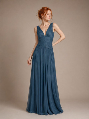 For You Fashion Μάξι Φόρεμα Οργαντίνας Πλισέ Με V Ντεκολτέ Πετρόλ