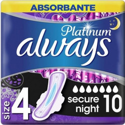 Always Platinum Secure Night Μέγεθος 4 Σερβιέτες με Φτερά για Αυξημένη Ροή 7 Σταγόνες 10τμχ