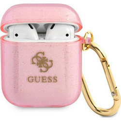 Guess Glitter Collection Θήκη Σιλικόνης με Γάντζο για Apple AirPods 1 / 2 Ροζ