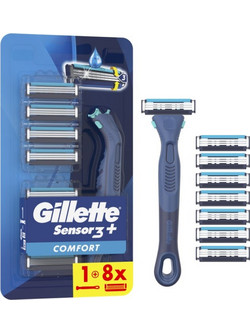 Gillette Sensor 3 Comfort Ξυραφάκι με Ανταλλακτικές Κεφαλές με 3 Λεπίδες & Λιπαντική Ταινία + Ανταλλακτικά Ξυραφάκια 8τμχ
