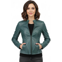 Leather 100 Γυναικείο Μπουφάν Χειμωνιάτικο Δερμάτινο Κοντό Πετρόλ 07-W-B-712