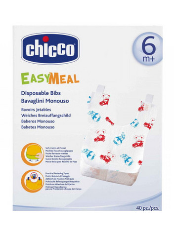 Chicco Easy Meal Σετ Σαλιάρες Χάρτινες με Αυτοκόλλητο 6m+ Λευκές 40τμχ
